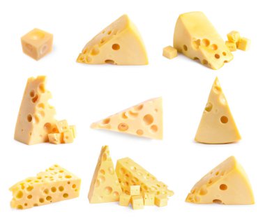 Beyaz arka planda lezzetli peynir parçaları ile ayarlanmış. 