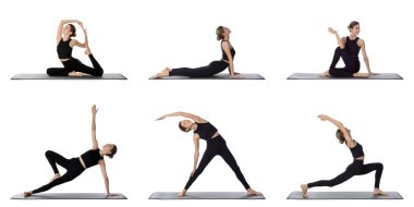 Beyaz arka planda yoga yapan genç bir kadın, kolaj. Pankart tasarımı 