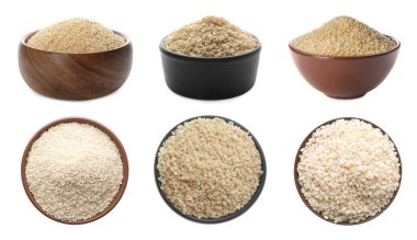 Beyaz arkaplanda susam tohumları ile ayarlayın. Pankart tasarımı 