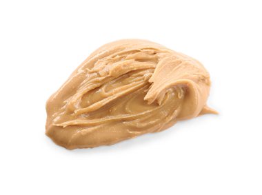 Lezzetli fıstık ezmesi, beyaza izole edilmiş, üst manzara