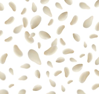 Sesame seeds falling on white background, collage