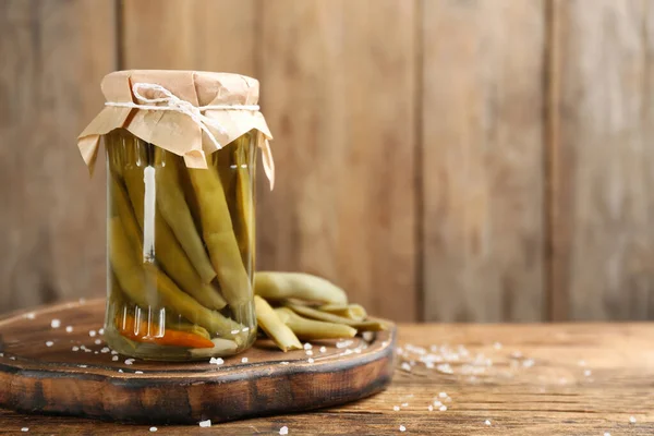 Canned Green Beans Wooden Table Space Text — Stock Photo, Image