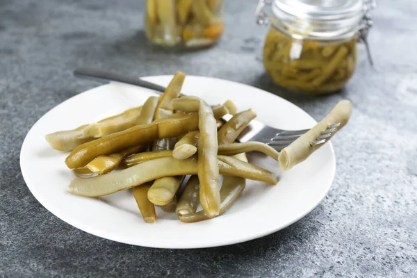Canned Green Beans Grey Table Closeup — Stock Photo, Image
