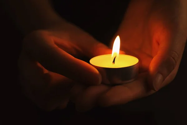 Woman Burning Candle Darkness Closeup Memory Day — Stock Photo, Image
