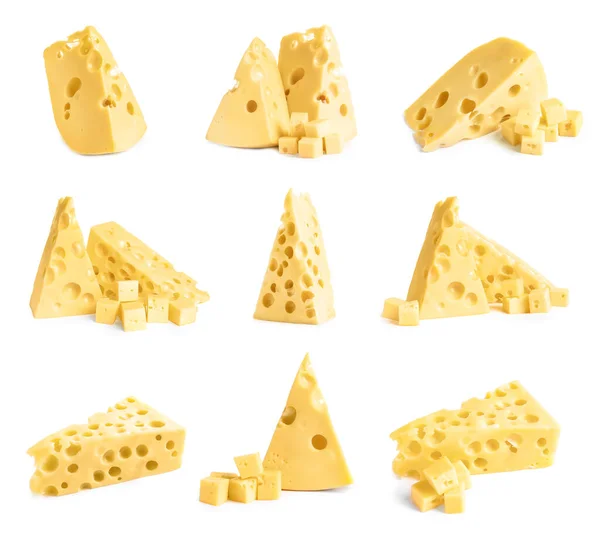 Set with pieces of delicious cheese on white background