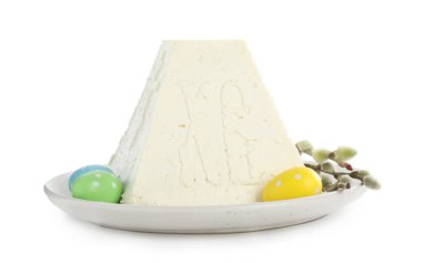 Traditional cottage cheese Easter paskha with eggs and pussy willow branches on white background