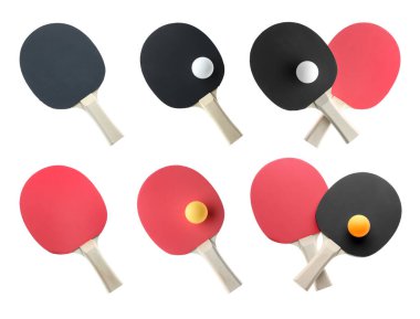 Set with ping pong rackets and balls on white background, top view