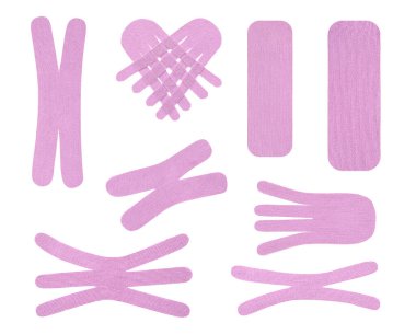 Beyaz arkaplanda menekşe kinesio bantları ile ayarlandı