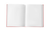 Otevřít knihu s červeným krytem na bílém pozadí, horní pohled. Mockup pro design