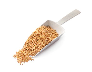 Beyaz arkaplanda hardal tohumları olan kepçe.