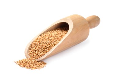 Beyaz arkaplanda hardal tohumları olan kepçe.