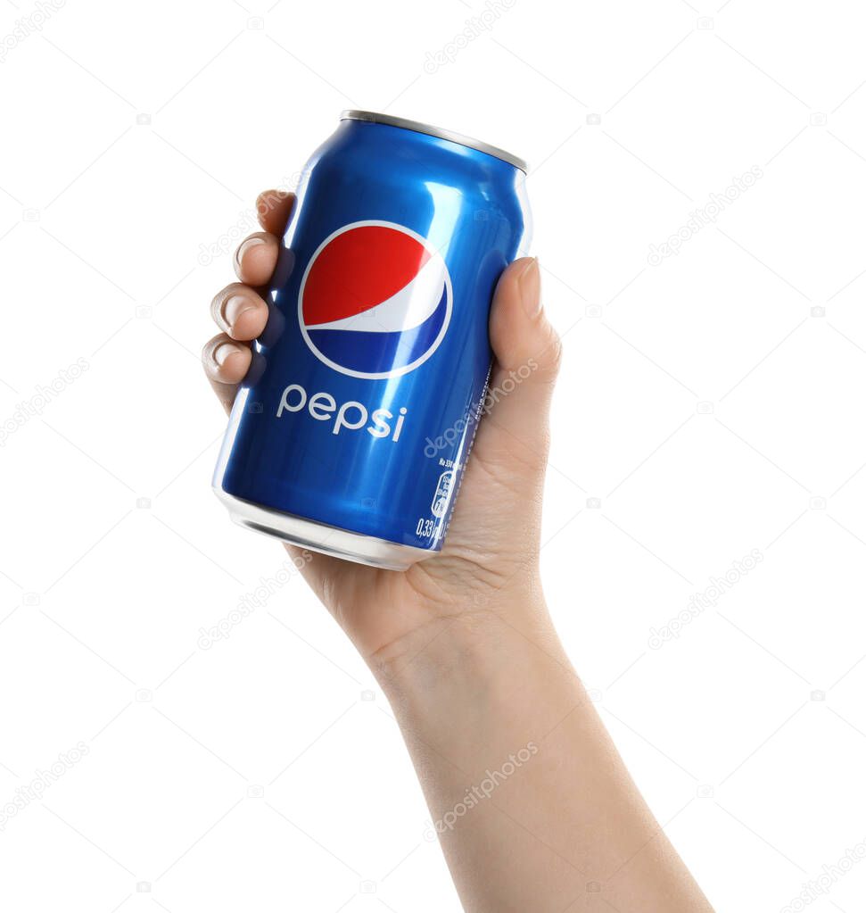 MYKOLAIV, UKRAINE - FEBRUARY 10, 2021: Woman holding can of Pepsi on white background, closeup