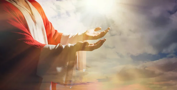 Jesus Christ Reaching Out His Hands Praying Sunset Banner Design — Stock Photo, Image