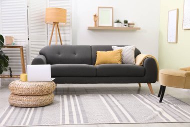 Rahat kanepe ve lambayla iç mekan şık.