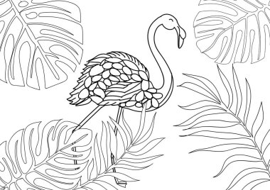Flamingo ve beyaz arka planda tropikal yapraklar, illüstrasyon. Renk sayfası 