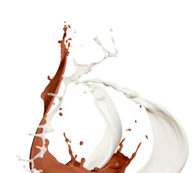 Çikolatalı süt damlaları ve beyaz arka planda birbirine karışan sıradan bir süt.