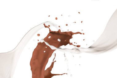 Çikolatalı süt damlaları ve beyaz arka planda birbirine karışan sıradan bir süt.