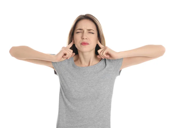 Emotional Young Woman Covering Her Ears Fingers White Background — Stock Photo, Image
