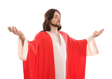 Yüce İsa, beyaz arka planda kollarını uzattı.