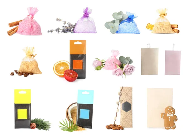 Conjunto Saquetas Perfumadas Com Diferentes Aromas Sobre Fundo Branco — Fotografia de Stock