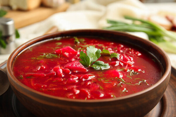 Стильная глиняная чаша с украинским борщом, крупным планом