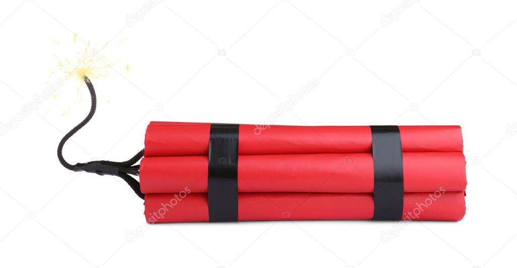 Dynamite bomb with lit fuse on white background