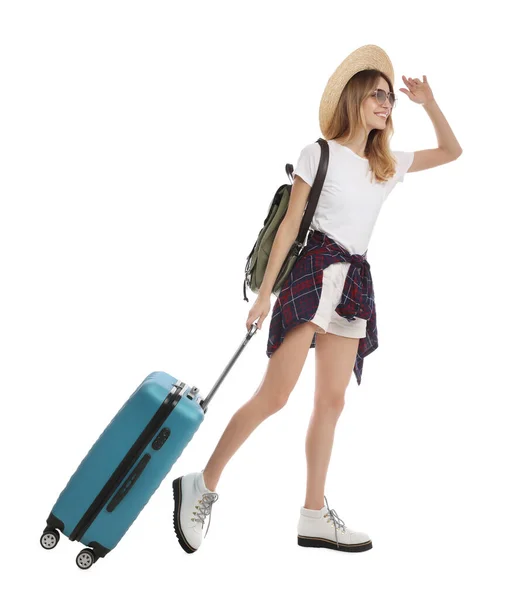 Mulher Com Mala Andando Sobre Fundo Branco Viagem Verão — Fotografia de Stock