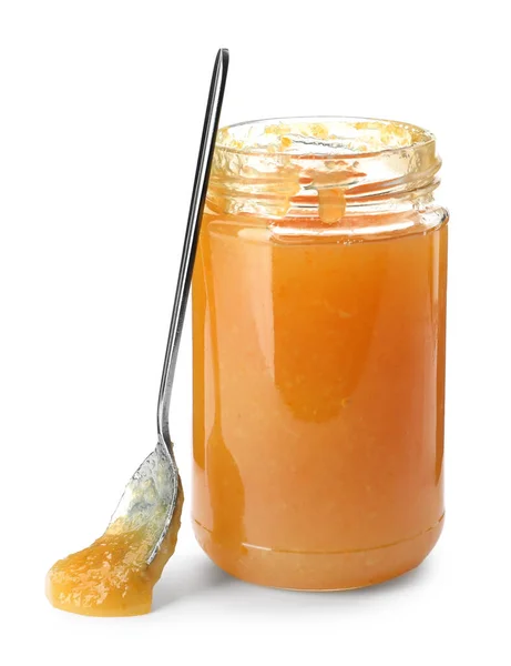 Jar Delicious Orange Marmalade Spoon White Background Stock Picture
