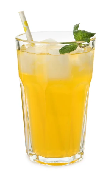 Heerlijke Sinaasappel Frisdrank Water Witte Achtergrond — Stockfoto