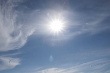 Parlak güneş ve mavi gökyüzündeki yumuşak beyaz bulutlar