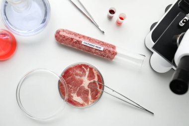 Beyaz labaratuvar masasında, bembeyaz et örnekleri.