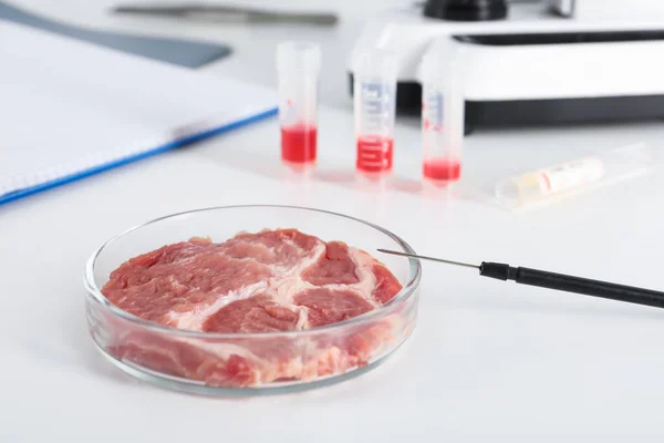 Petriskål Med Rått Odlat Kött Och Dissekeringsnål Vitt Bord Laboratorium — Stockfoto
