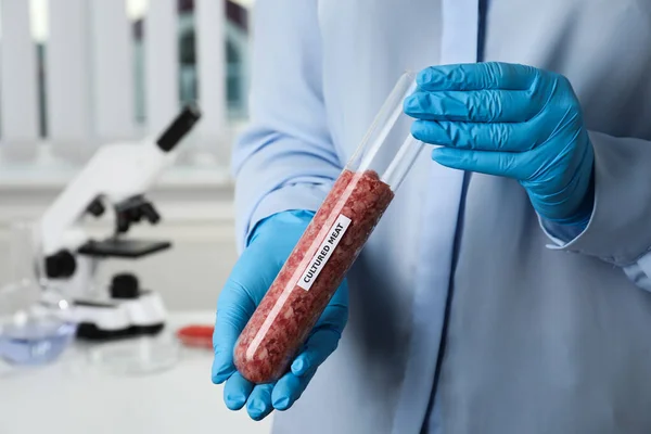 Cientista Segurando Tubo Ensaio Com Carne Picada Cultivada Laboratório Close — Fotografia de Stock