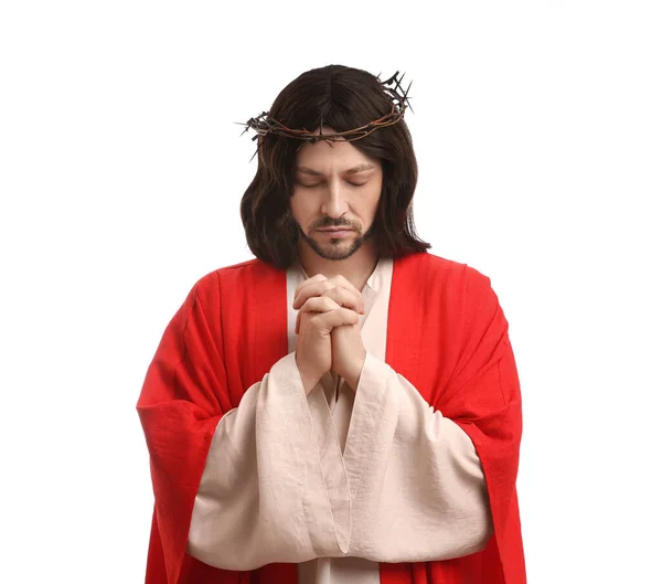 Jesus Christus Mit Dornenkrone Gebet Auf Weißem Hintergrund — Stockfoto