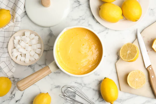 Delicious Lemon Curd Fresh Fruits White Marble Table Flat Lay — Stock Photo, Image