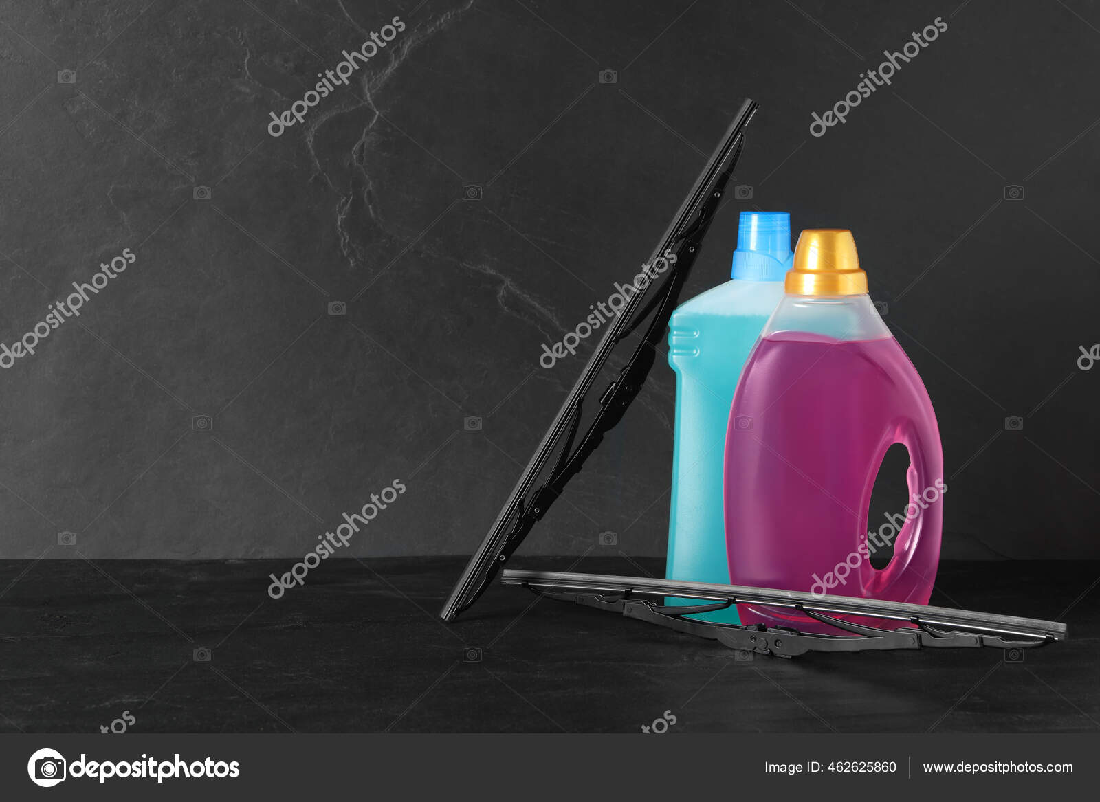 Bottles Windshield Washer Fluids Wipers Black Table Space Text