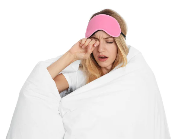 Tired Woman Sleeping Mask Wrapped Soft Blanket White Background — Stock Photo, Image