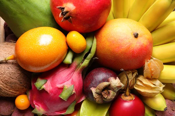 Diversi Deliziosi Frutti Esotici Come Sfondo Vista Dall Alto — Foto Stock