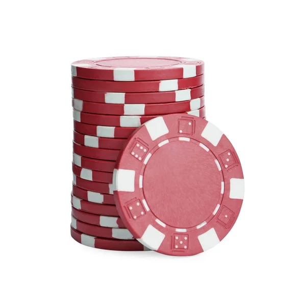 Rode Casino Chips Gestapeld Witte Achtergrond Pokerspel — Stockfoto
