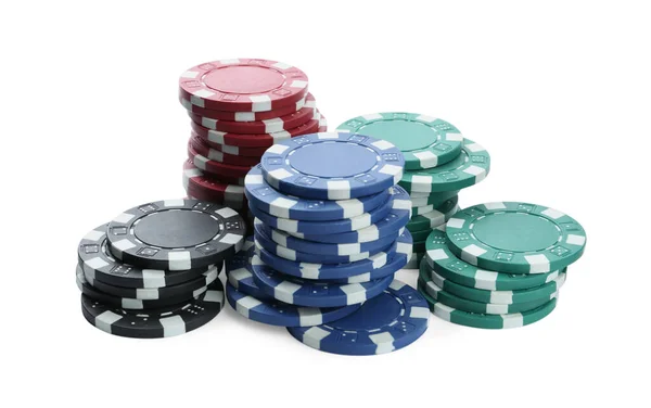 Plástico Fichas Casino Empilhadas Fundo Branco Jogo Poker — Fotografia de Stock