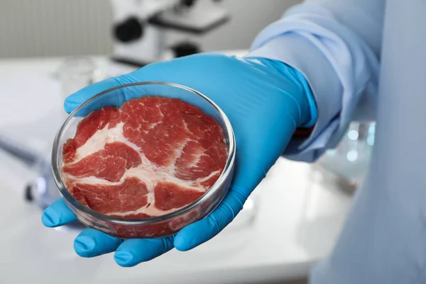 Cientista Segurando Placa Petri Com Carne Cultivada Laboratório Close — Fotografia de Stock