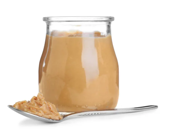 Glas Und Löffel Mit Leckerer Erdnussbutter Auf Weißem Hintergrund — Stockfoto