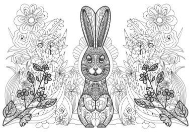 Küçük şirin bir tavşan ve beyaz arka planda çiçekler, illüstrasyon. Renk sayfası
