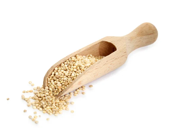 Trä Scoop Med Quinoa Vit Bakgrund — Stockfoto