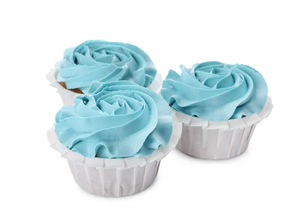 Cupcakes Chá Bebê Com Creme Azul Claro Fundo Branco — Fotografia de Stock