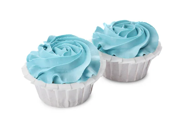 Bebé Ducha Cupcakes Con Crema Azul Claro Sobre Fondo Blanco — Foto de Stock