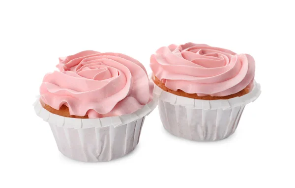 Bebé Ducha Cupcakes Con Crema Rosa Sobre Fondo Blanco — Foto de Stock