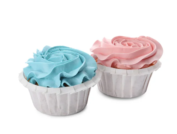 Cupcakes Baby Shower Con Crema Azul Claro Rosa Sobre Fondo — Foto de Stock