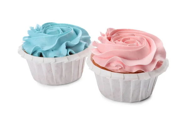 Cupcakes Chá Bebê Com Luz Azul Rosa Creme Fundo Branco — Fotografia de Stock