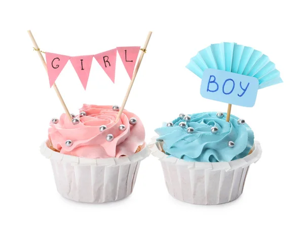 Cupcakes Chá Bebê Com Toppers Menino Menina Fundo Branco — Fotografia de Stock